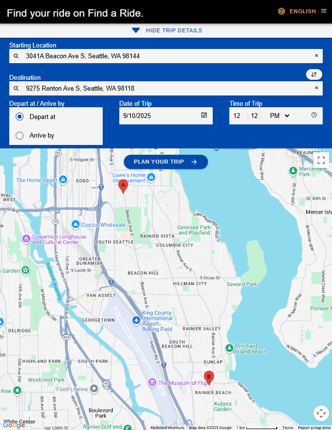 The image depicts a screenshot of the trip planning page from the Find A Ride application, where the user has selected the menu options to find a trip from one location in South Seattle to another.