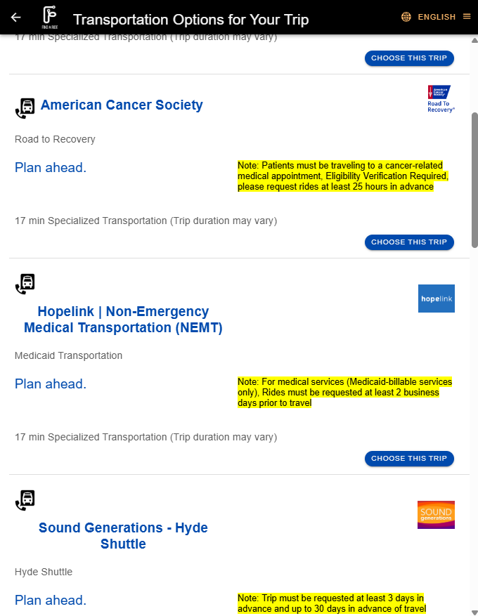 The image depicts a screenshot of the trip results page from the Find A Ride application, where the user has access to results including three demand response trips from their origin to destination.